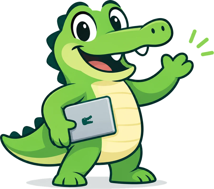 Snappy, a friendly green crocodile holding a laptop and waving